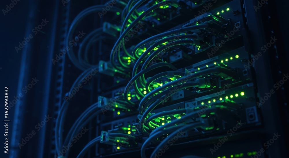Poster close up view of illuminated server racks with glowing green indicator lights and bundled cables in 