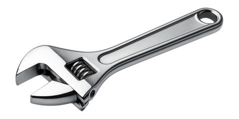 Shiny metal adjustable wrench with a hole in the handle for versatile use in repairs and maintenance on transparent background.