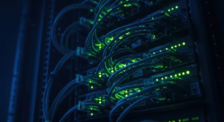 Close up view of illuminated server racks with glowing green indicator lights and bundled cables in a data center environment