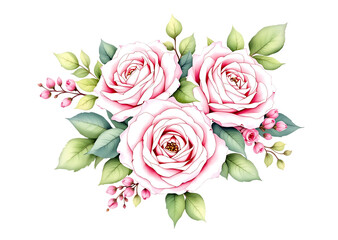 Fototapeta premium Beautiful watercolor illustration of three pink roses and foliage on a black background