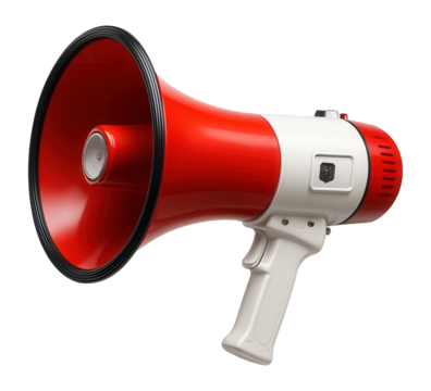 Red and white megaphone with a grip handle and speaker button on transparent background.