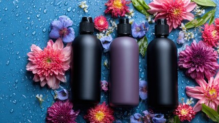 Three bottles of personal care products nestled among vibrant flowers against a blue backdrop