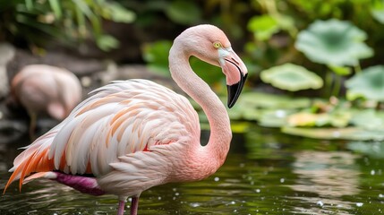 Fototapeta premium Vibrant pink flamingo wading in water outdoors with lush green background