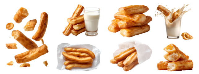Set of golden-brown crispy Youtiao, Chinese fried dough crullers, breakfast, with soy bean milk drink, paper wrap, fly halved broken pile stack on transparent cutout PNG. Mockup template	
