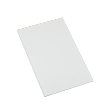 A single, perfectly flat, crystal clear rectangular acetate sheet, colorless, smooth, and rigid, against a transparent studio background with overhead light, no shadows. Concept of clarity, precision,