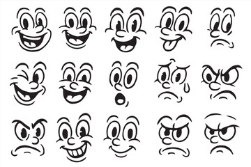 Fototapeta premium Retro cartoon facial expression icons set in black and white, vintage comic style emotional faces collection, editable vector illustration of emoji character emotions for sticker or design use