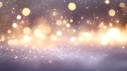 Sparkling light particles dance gracefully in a winter wonderland as soft snow falls softly at dusk