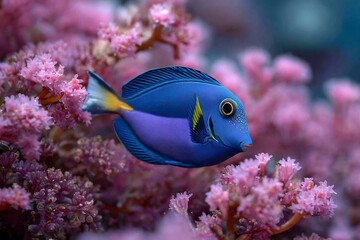 Obraz premium A blue tang fish swimming near vibrant pink coral in a colorful underwater reef environment scene