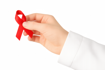Human hand holding a red ribbon, symbolizing AIDS awareness, support, and global health initiatives.