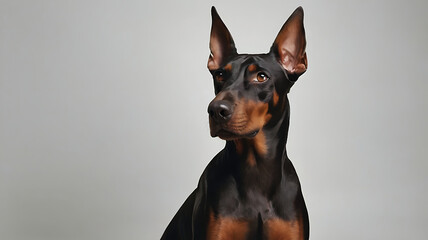 A sleek Doberman Pinscher standing with white background