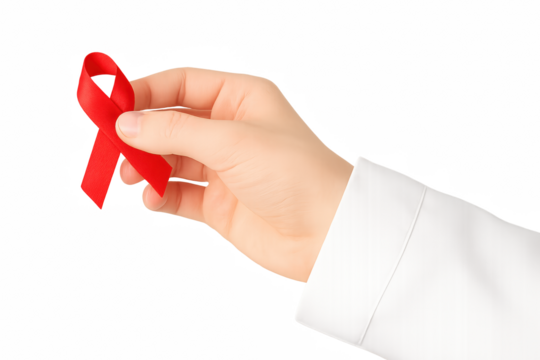Human hand holding a red ribbon, symbolizing AIDS awareness, support, and global health initiatives.