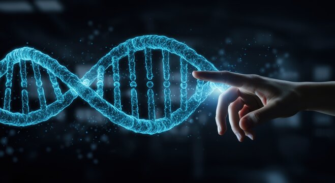 Human finger interacting with glowing blue digital dna helix structure representing genetic science and biotechnology innovation