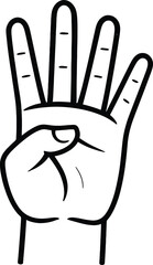 Obraz premium Black and White Line Drawing of a Raised Hand Showing Four Fingers with Thumb Folded — Minimalist Gesture Icon Representing the Number Four Through Symbolic Hand Signal in Clean Contour Style