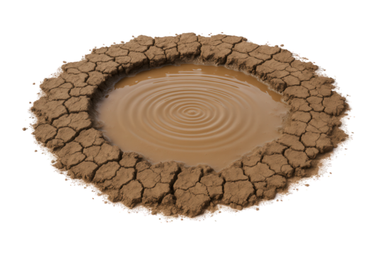 Cracked Earth Surrounding a Rippling Mud Puddle, Symbolizing Drought and Water Scarcity