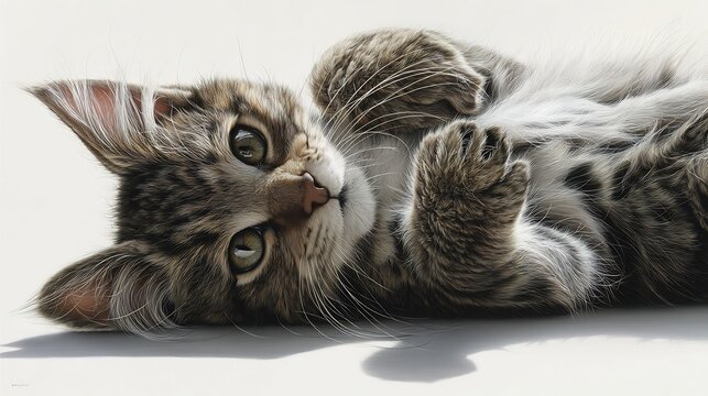 Adorable tabby kitten lying on its back with playful eyes and fluffy fur