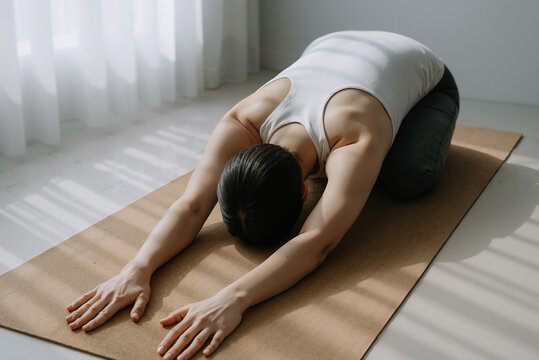 Asian woman practicing child pose yoga on a mat indoors with sunlight casting gentle shadows, promoting relaxation and mindfulness