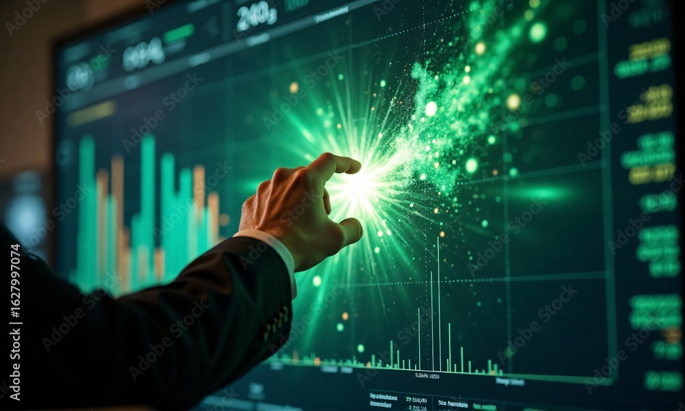 Poster a hand interacts with a luminous digital display showing data charts, creating a vibrant green burst