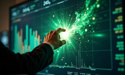 A hand interacts with a luminous digital display showing data charts, creating a vibrant green burst of light and particles.
