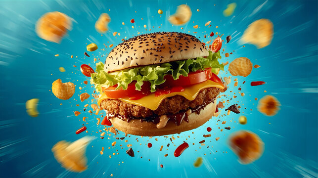 High-Resolution Exploding Cheeseburger with Vibrant Floating Ingredients