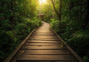Lush wooden walkway through jungle
