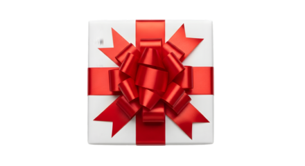 A square Christmas gift box wrapped in white paper with a big red satin ribbon and bow, isolated PNG on white background.