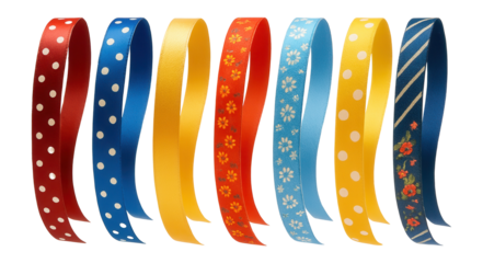 A variety of colorful, patterned ribbons with designs including polka dots, flowers, and stripes, gracefully curved on transparent background.