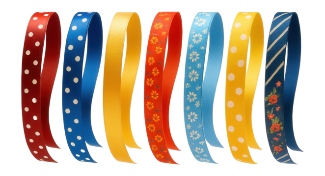 A variety of colorful, patterned ribbons with designs including polka dots, flowers, and stripes, gracefully curved on transparent background.