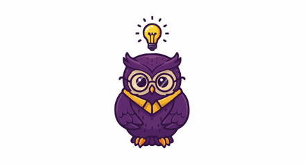 Illustration of a purple owl wearing glasses and a yellow scarf with a lightbulb above its head