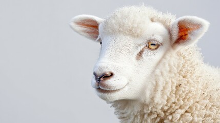 Fototapeta premium Young lamb head close up with fluffy white wool on isolated light background