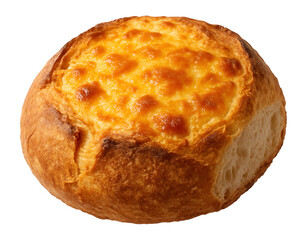 Golden brown cheese bread roll with a crispy outer crust and melted cheese top on transparent background.