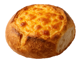 Golden brown cheese bread roll with a crispy outer crust and melted cheese top on transparent background.