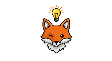 A winking cartoon fox head with a bright yellow light bulb above it on a white isolated background