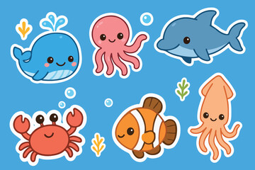 Cute sea animals cartoon vector set on blue background, smiling whale, octopus, dolphin, squid, crab, clownfish, underwater marine life clipart, kawaii ocean creatures for kids illustration
