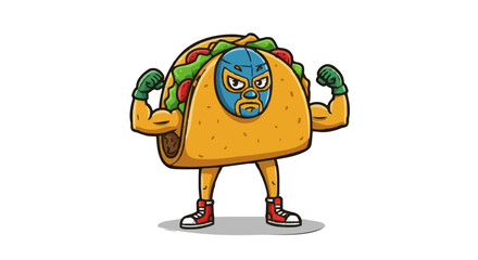 Illustration of a taco with a wrestler mask showing muscles and wearing shoes on a white background