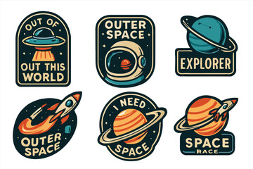 Vintage outer space badges set with planets, UFO, astronaut, rocket, galaxy, space explorer badges, science fiction illustration, cosmic patch design, colorful space-themed emblem bundle