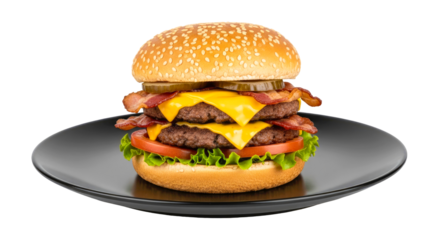 juicy double bacon cheeseburger on black plate restaurant menu photo