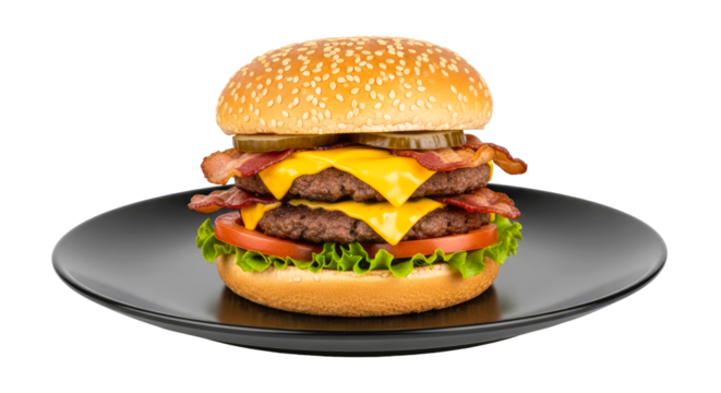 juicy double bacon cheeseburger on black plate restaurant menu photo