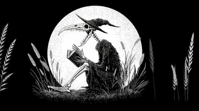 Funny Cartoon Halloween Monster Bird Skeleton with Skull Ghost and Spooky Retro Illustration