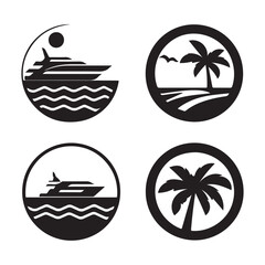 Black and white circles showcase tropical yacht travel and palm tree vacation icons