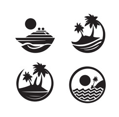 Four black summer vacation icon set featuring palm, cruise ship and sun