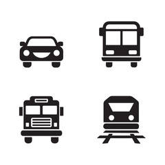 Black vehicle icons present diverse transportation modes including a car, bus, fire truck, and train