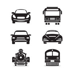 Vehicles consisting of cars, trains and buses are displayed in a black icon set