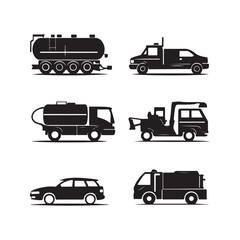 Silhouette vehicles display tanker truck, pickup, flatbed, suv, and other trucks on white