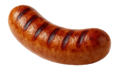 Grilled sausage with char marks, showcasing a shiny, browned exterior on transparent background.