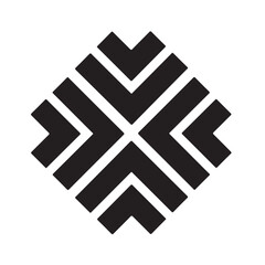 Geometric abstract pattern features interconnected chevron shapes forming a square in black with transparent background