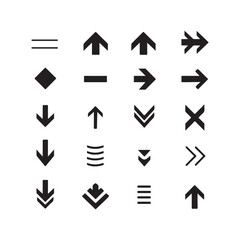 Black icons representing various directions, navigation elements, and user interface components against a white backdrop