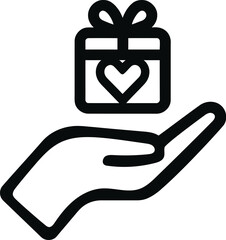 Heart adorned gift box levitates above a black outlined hand against transparent backdrop