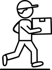 Black outline depicts delivery man in cap carrying box quickly across flat plane