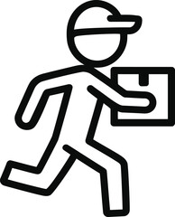Running delivery person with cap carries a box shown in a black outline