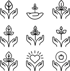 Diverse hand holding plant icons showcase growth, love, and protection, on a transparent background